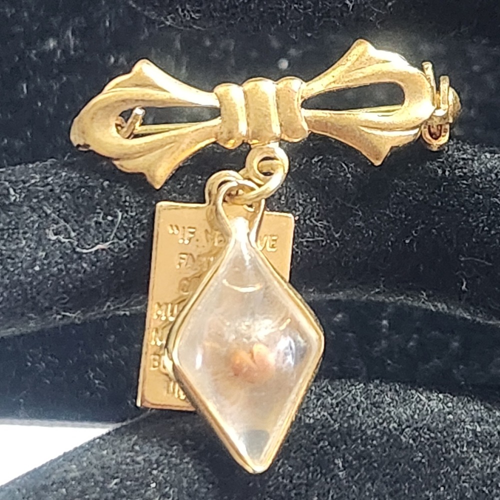 Vintage Gold Tone Mustard Seed Faith Bow Brooch Religious Scripture‎ Pin